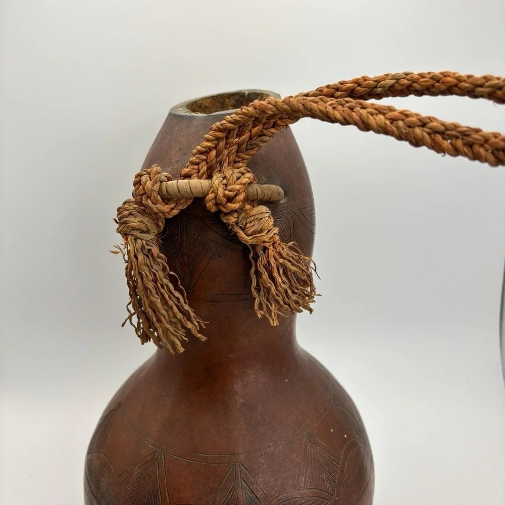 African Folk Art Carved Calabash Gourd 9x6 Drinking‎ Vessel Braided Rope Handle